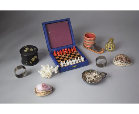 A Tray of Curios to Include Travelling Chess Set, Shells Ashtray, Napkin Ring, Coral, Eskimo Boot etc 