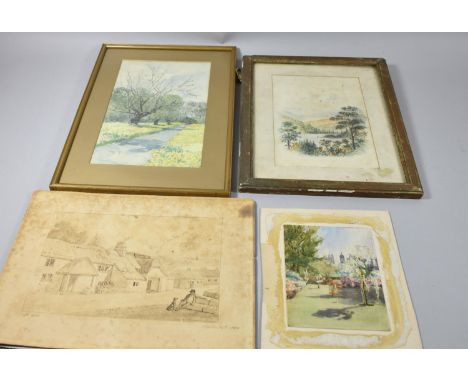A Collection of Two Framed and One Unframed Watercolours Together with a Pencil and Ink Sketch of Cottages Signed R Mills Oct