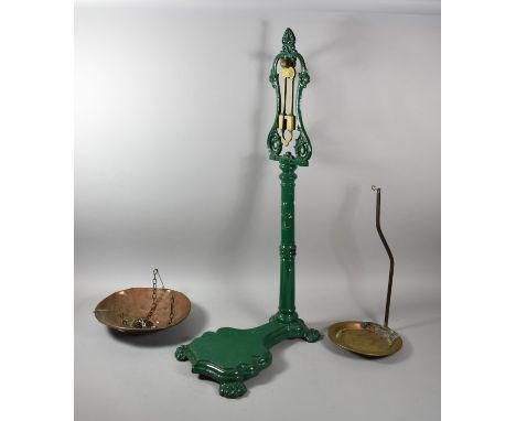 A Set of Green Painted Cast Metal Shop Scales with Copper and Brass Pans, Missing Brass Balance Arm, 85cm high 
