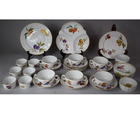 A Collection of Royal Worcester Evesham Pattern Dinnerwares to Include Six Two Handled Soup Bowls, Eight Saucers, Two Plates,