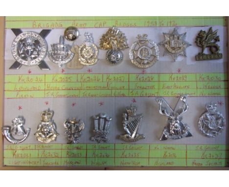 Brigade Cap Badges 1958-1970 - A display board of fourteen with lowlands, Home Counties, Lancastrian, Fusiliers, Foresters, E