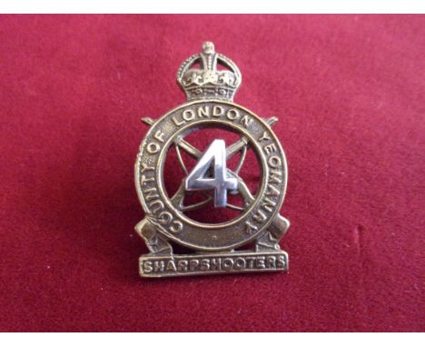 3rd County of London (The Sharpshooters), (Hussars) Cap Badge (Bi-metal), two lugs, fourth type with the numeral '4' superimp