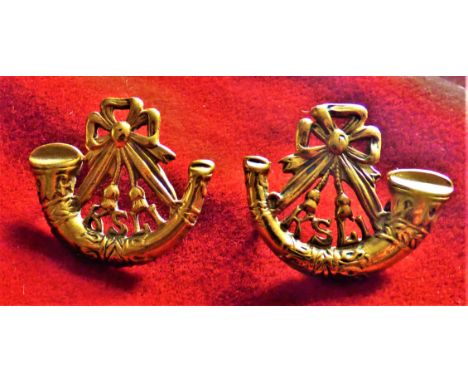 King's Shropshire Light Infantry WWI Collar badge pair (Gilding-metal), lugs,  left and right facing pair. 