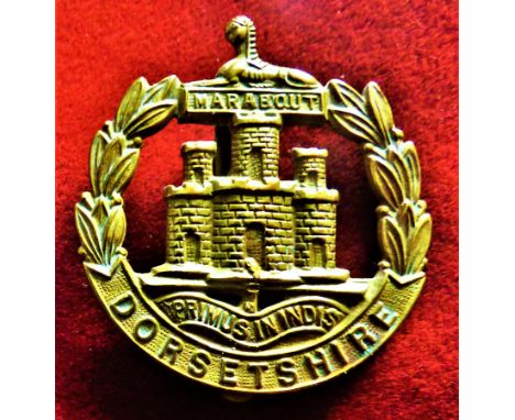 Dorsetshire Regiment WWI War Economy Cap Badge (Brass), slider. K&amp;K: 651