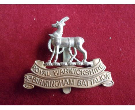 Royal Warwickshire Regiment 3rd Battalion (1st Birmingham), (Birmingham Pals') WWI Cap Badge, (Bi-metal), slider and J.R. Gau
