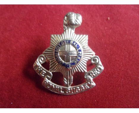 Royal Sussex Regiment WWI Officers Cap Badge (White-metal and enamel), two lugs, blue enamel in the circlet. K&amp;K: 646