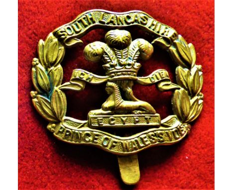 The Prince of Wales's Volunteers (South Lancashire Regiment) WWI War Economy Forage Cap Badge (Brass), Slider. K&amp;K: 652