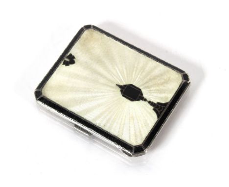An Art Deco silver enamelled cigarette case, the front with black and white decoration, the reverse with simple engine turned