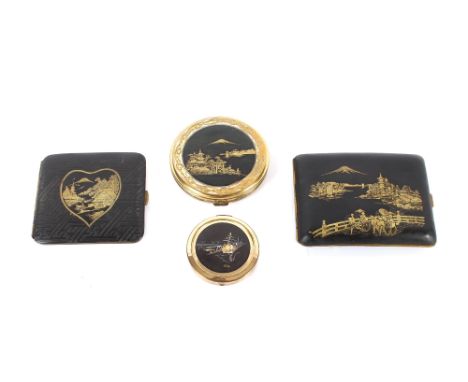 A Japanese Damascene decorated gold plated and enamel cigarette case, decorated figures and exotic gardens with Mount Fuji in