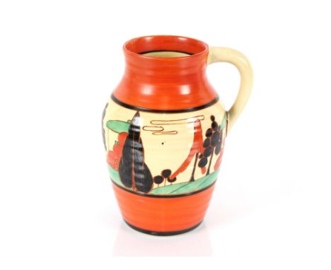 A Clarice Cliff "Trees and House" decorated baluster vase, 19.5cm high (restored)