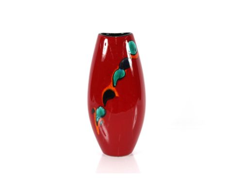 A Poole pottery vase of ovoid shape, with red glazed base and multi coloured decoration, 38cm high 