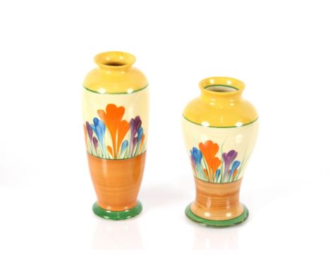 Two Clarice Cliff "Crocus" pattern baluster vases, (restored)