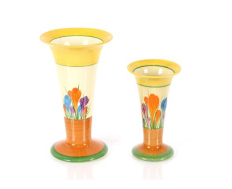 Two Clarice Cliff "Crocus" pattern trumpet shaped vases, (restored)