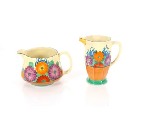 Two Clarice Cliff "Gay Day" pattern jugs, (restored)