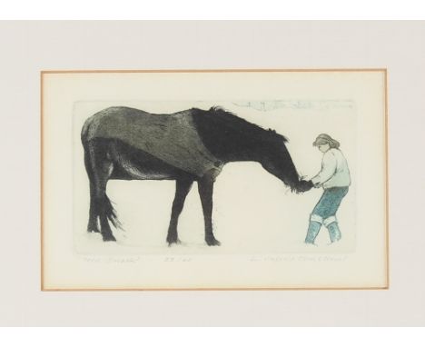 "Cold Snack", pencil signed coloured etching by Valerie Christinas, limited edition 35/60, plate 11cm x17cm 