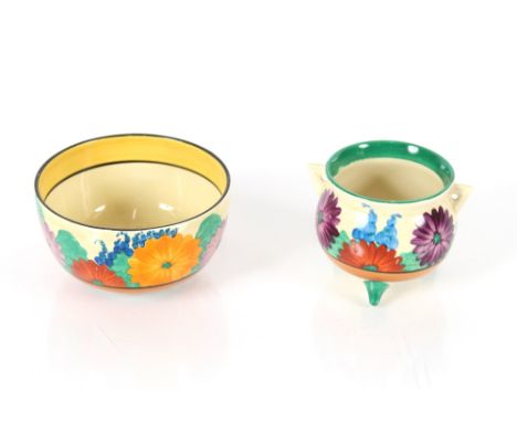 A Clarice Cliff "Gay Day" pattern sugar bowl of cauldron shape; and another larger sugar bowl