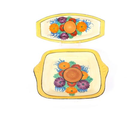 A Clarice Cliff "Gay Day" pattern cake serving plate; and a "Gay Day" pattern fruit serving dish (restored)