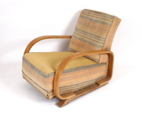 An Art Deco light oak low elbow chair 