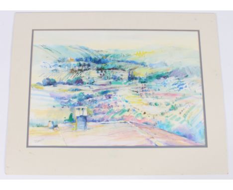 A collection of five unframed pictures, including French Riviera scene initialled M.A.N. dated 1923 watercolour; Tuscany scen