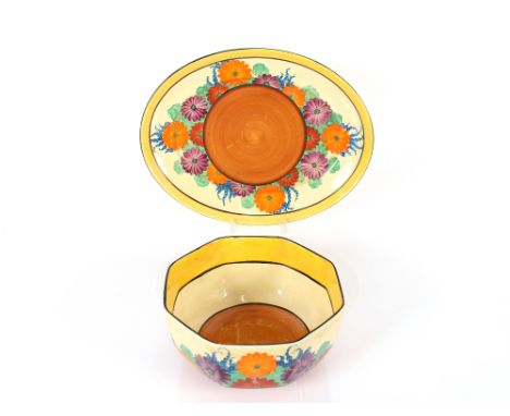 A Clarice Cliff "Gay Day" pattern oval serving platter; and a "Gay Day" pattern octagonal fruit bowl