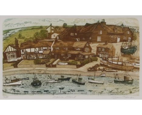 Glynn Thomas, pencil signed coloured etching "Mersea Island", 16/50, image 20cm x 33cm,