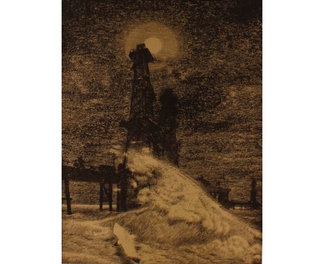 Russian school, study of a pier in rough seas, lithograph Agaev Vagir, 47cm x 35cm