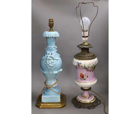 A Victorian brass mounted bone china table lamp and another