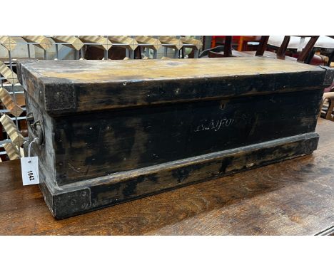 A small Victorian iron bound pine trunk, length 89cm, depth 30cm, height 30cm