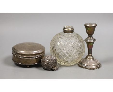 An Edwardian repousse silver mounted cut glass scent bottle(a.f.), a silver trinket box (no interior) and a silver mounted dw