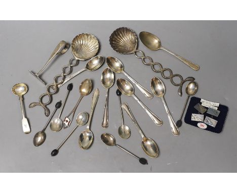 A small group of sundry flatware including a set of six George V silver teaspoons, Sheffield, 1923, a set of six silver bean 