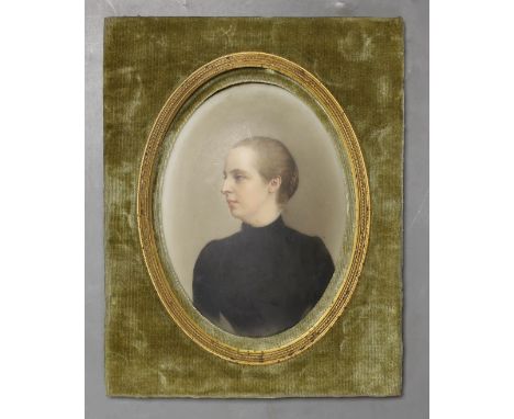 A late 19th century painted porcelain portrait plaque, in felt mount. 18x14cm total