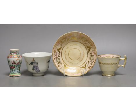 A Chinese famille rose tea bowl, similar small vase and a London shape coffee cup and saucer