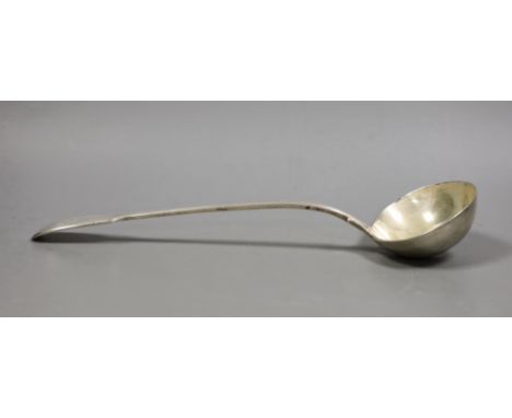 An early Victorian silver fiddle and thread pattern soup ladle, by William Eaton, London, 1845, 34.3cm, 9.1oz, with engraved 