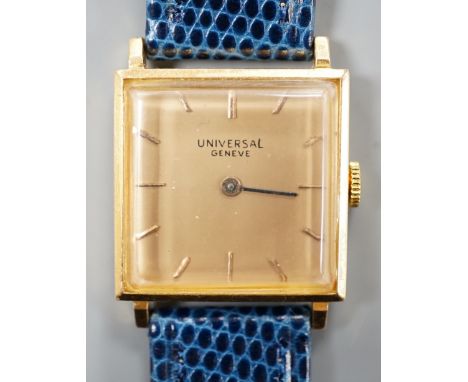 A gentleman's French yellow metal (18ct poincon mark) Universal manual wind square dial dress wrist watch, on associated leat