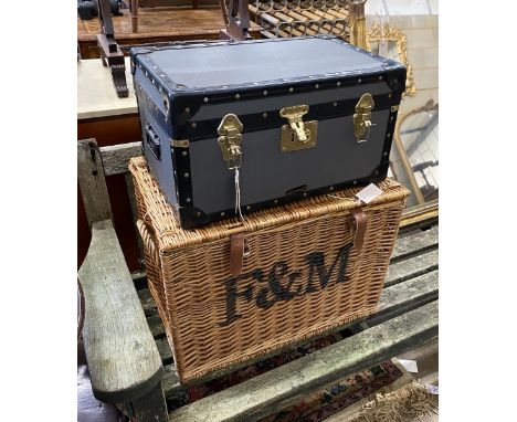 A Fortnum and Mason wicker hamper, width 58cm together with a smaller Mossman trunk
