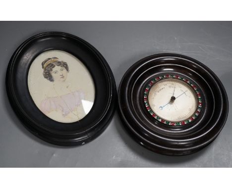 An early 19th century portrait miniature of a young lady, 12 x 9cm,  together with a Blackie, 392, Strand, London small anero