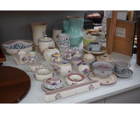 A large collection of mixed Poole pottery, mostly from 1920's, including a pale turquoise glazed 503 shape vase, tallest 26cm