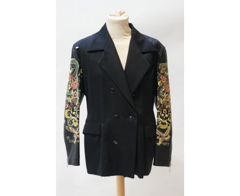 A gentleman's John Richmond double breasted wool jacket with stencilled leather arms, size M