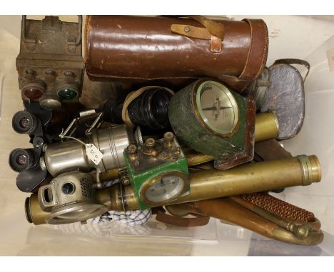 Various binoculars, a bugle, Stanley dumpy level, etc.