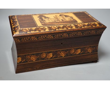 A late 19th century Tunbridge ware tea caddy depicting Eridge Castle, 31cm wide