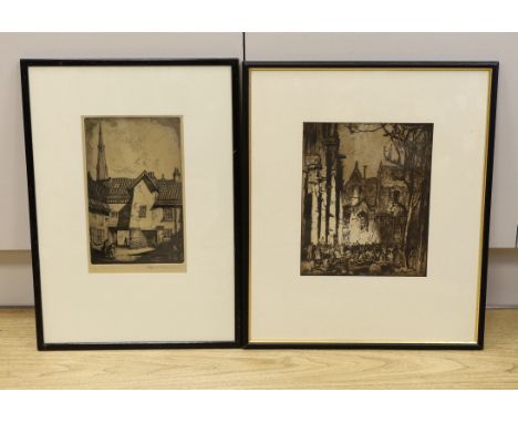Sir Frank Brangwyn (1867-1956), etching, Flemish street scene with numerous revellers, 27 x 22cm and an etching by H.Bernard 