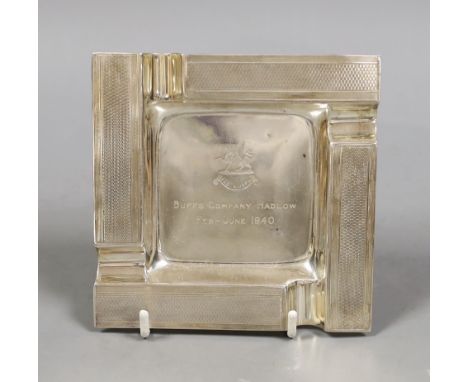 A George VI part engine turned silver ashtray, with military related inscription, Goldsmiths &amp; Silversmiths Co Ltd, Londo