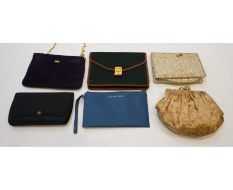 A group of six assorted bags; Salvatore Ferragamo purple suede shoulder bagGermaine Guerin black satinBrocade - indistinctly 