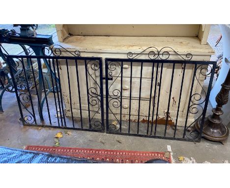 A pair of painted wrought iron garden gates, each gate width 101cm, height 99cm together with a Victorian cast iron campana u