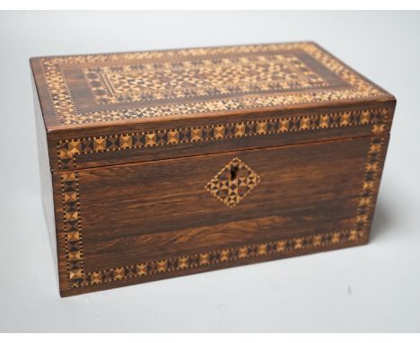 A Tunbridge ware rosewood and half square mosaic tea caddy, c.1830, 21cm wide