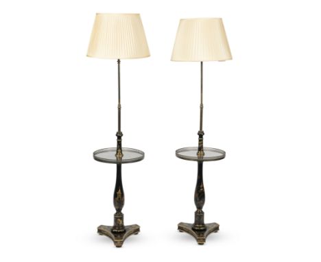 A pair of black japanned lamp tablesBy Vaughan Lighting in the Regency styleDecorated with chinoiserie figures, foliage and b