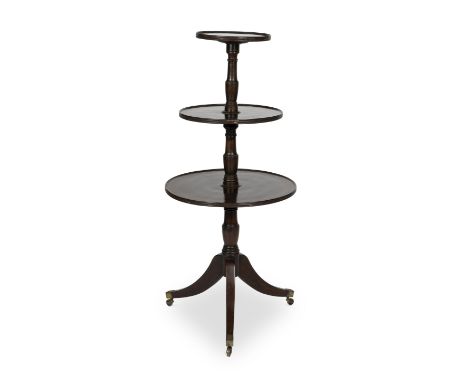 A George III mahogany three-tier dumb waiterOn a turned vase support and splayed tripod base, 62cm wide x 62cm deep x 134cm h