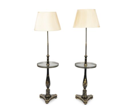 A pair of black japanned and gilt circular lamp tablesby Vaughan Lighting, in the Regency styleDecorated with chinoiserie fig