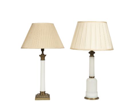 A brass and opaline glass Corinthian column lamp baseOn square base, together with a brass and opaque glass column lamp base,