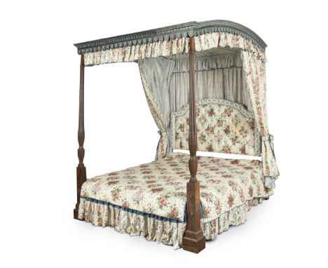 A mahogany and painted tester bed18th century and laterThe painted arched canopy above flared turned reeded end posts with an